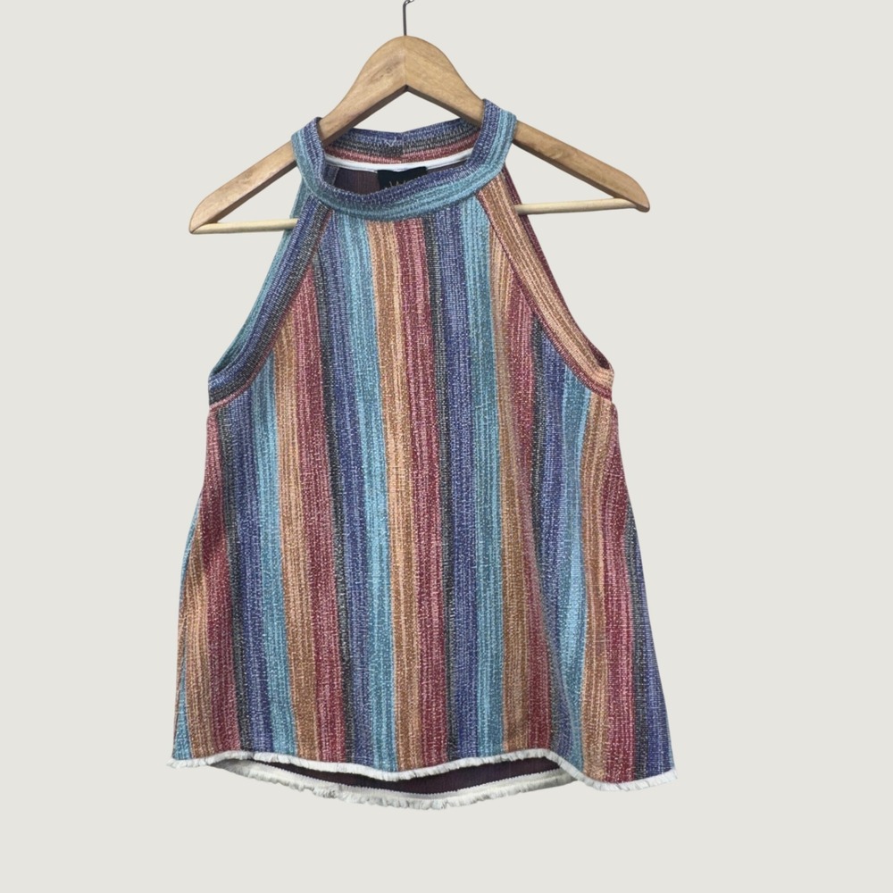W5 Striped Halter Neck Tank Top Small Multicolor Boho Retro Fringe Hem